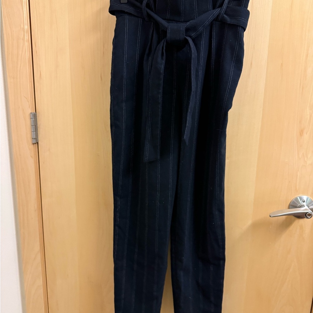 High-Rise Navy Pinstripe Tie-Waist Pants